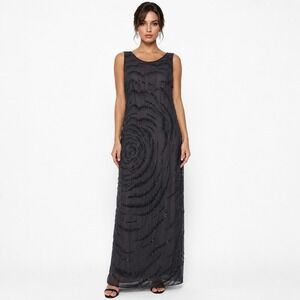 NWT Chaudry Maxi Dress Women's Silk Black Hand-Beaded Pattern Deep Back Slit